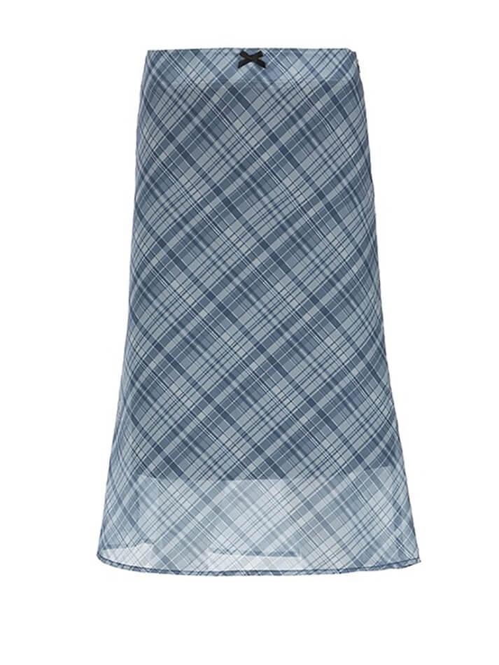 High Waist Bow Accent Plaid Mesh Midi Skirt - AnotherChill