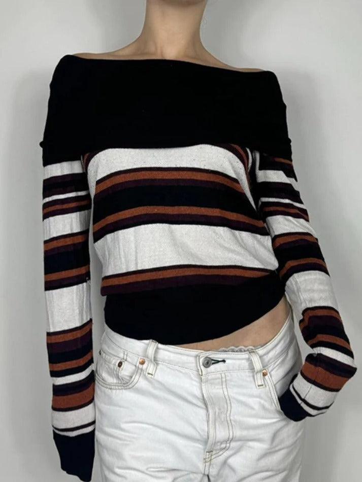 Off Shoulder Striped Print Sweaters