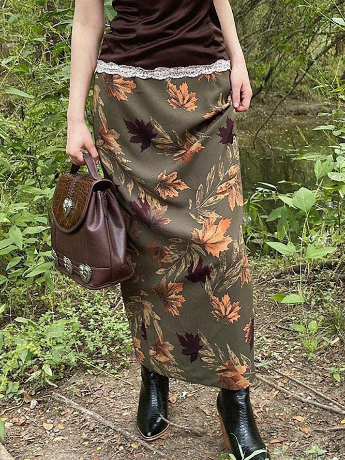 Vintage Maple Leaf Print Slit Skirt