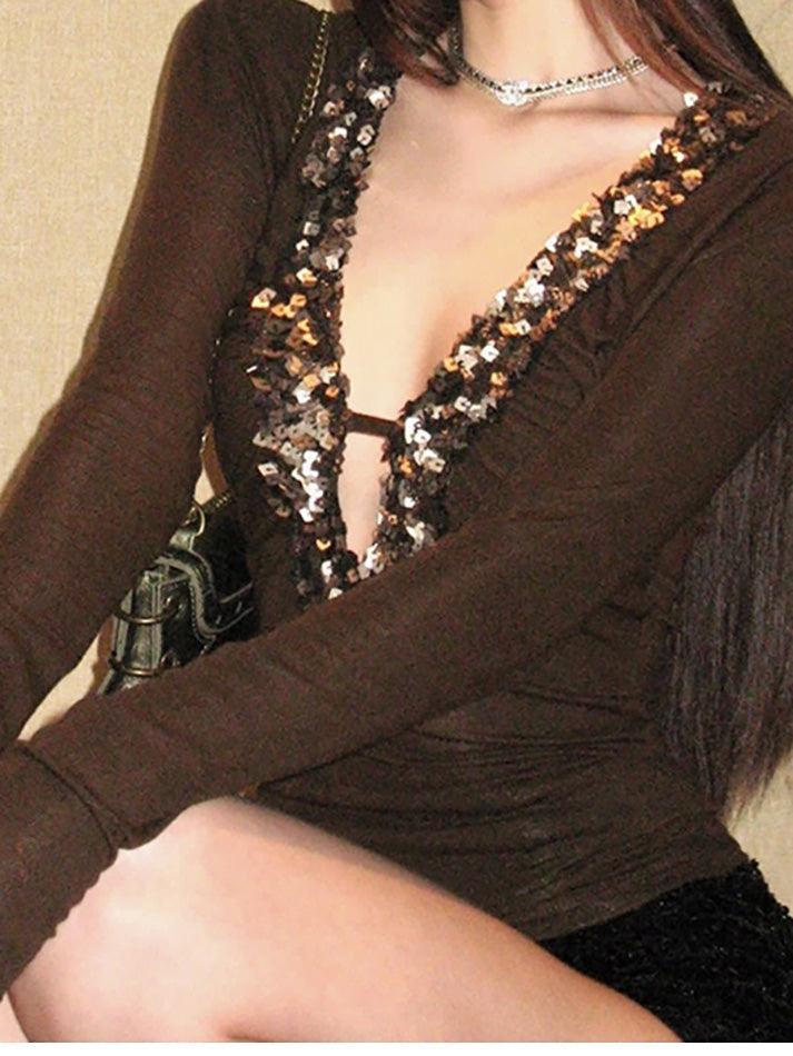 Sequin Deep V-Neck Contrast Top