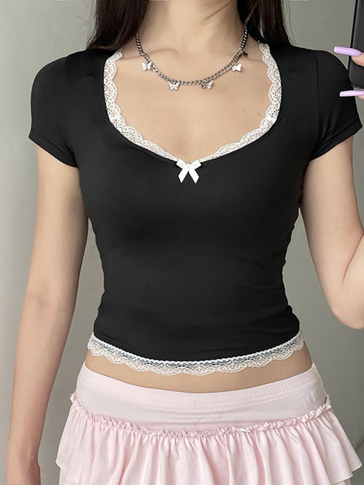 Bow Accent Lace-Trim Plain Slim-Fit Crop Top - AnotherChill