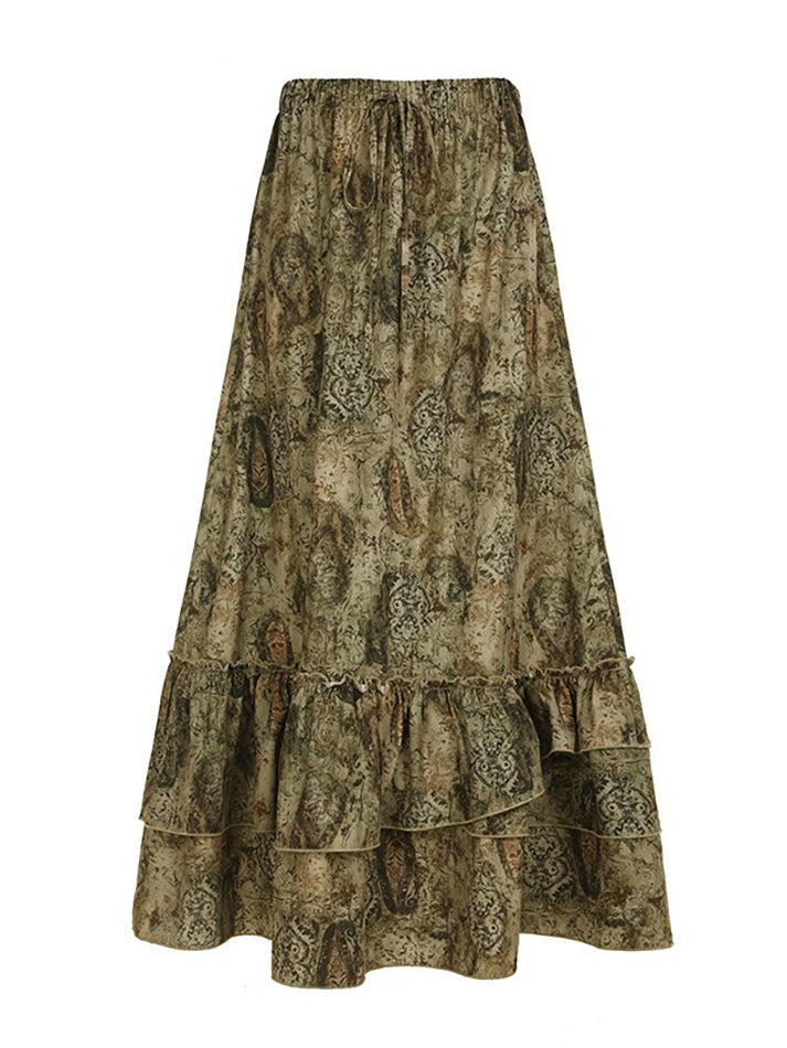 Vintage Print Tie Ruched Low-Rise Skirt