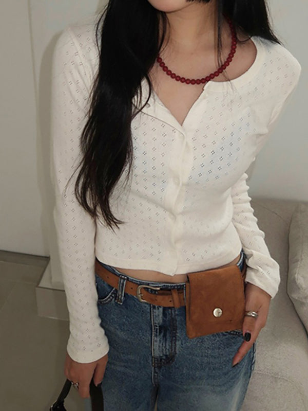 Hollow-Out Knit Crew Neck Long Sleeve Top