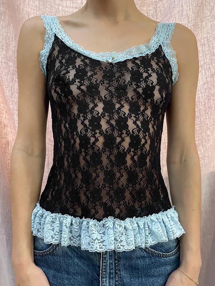 Lace Trim Sheer Mesh Cami Top