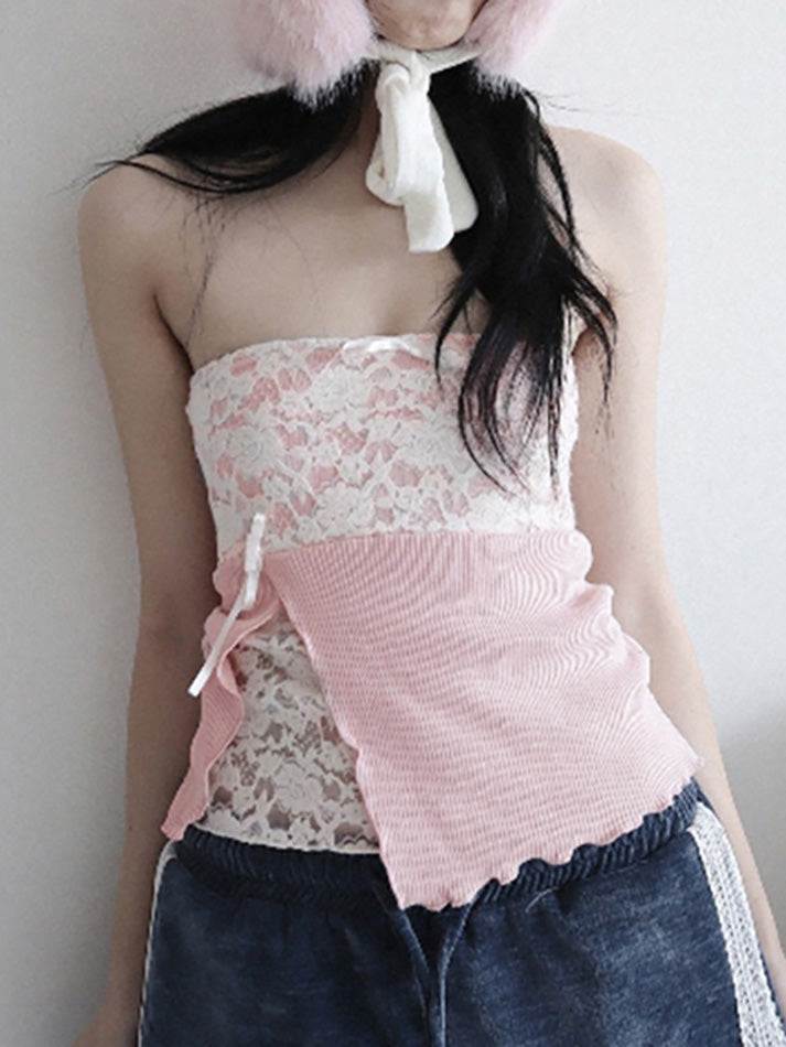 Lace Bow Slit Asymmetrical Tube Top