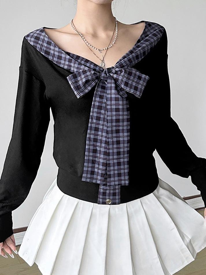 V-Neck Plaid Tie Bow Contrast Long Sleeve Top