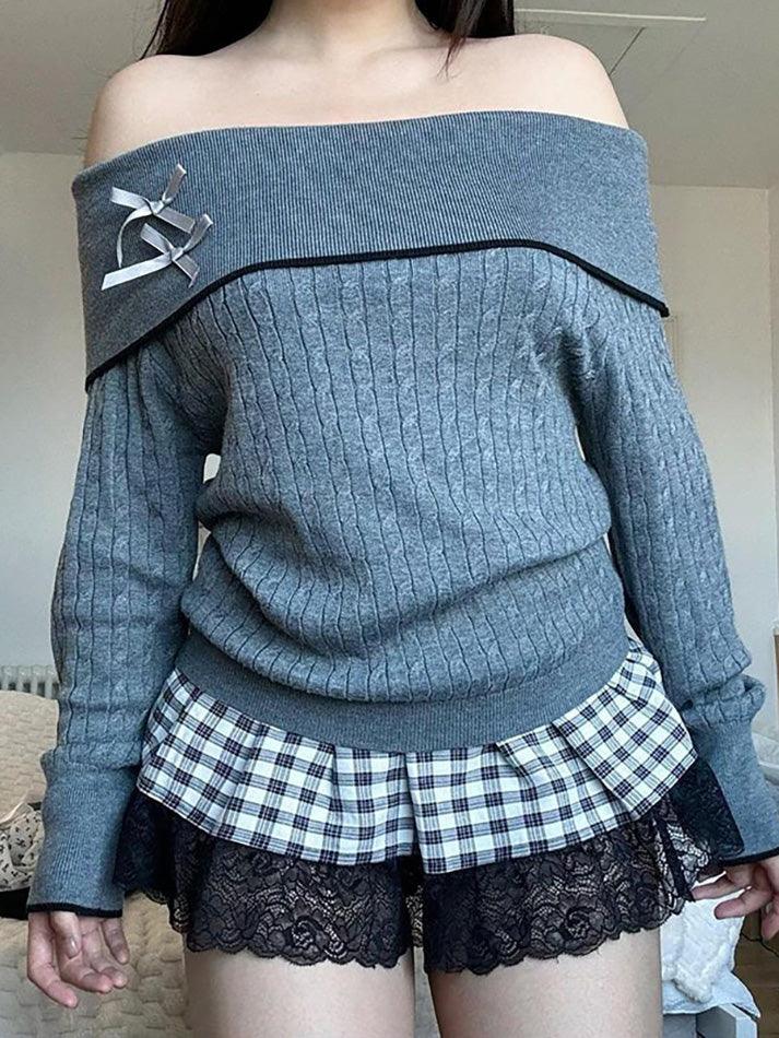 Bow Off Shoulder Cable Knit Sweater