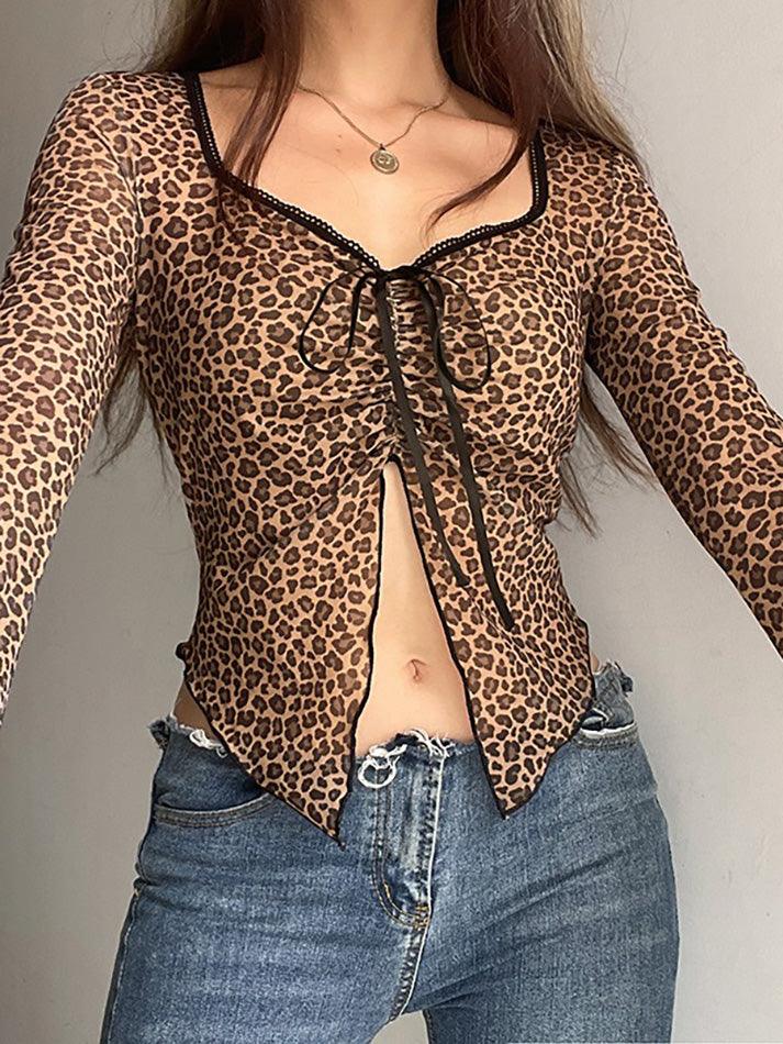 Lace Leopard Print Tie Mesh Long Sleeve Top