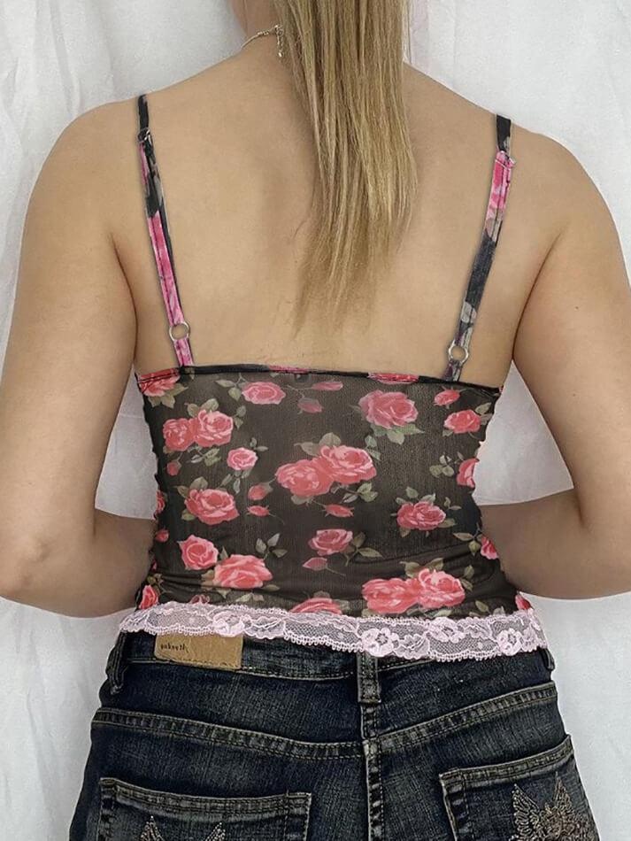 Rose Printed Lace Patchwork Mesh Cami Top - AnotherChill