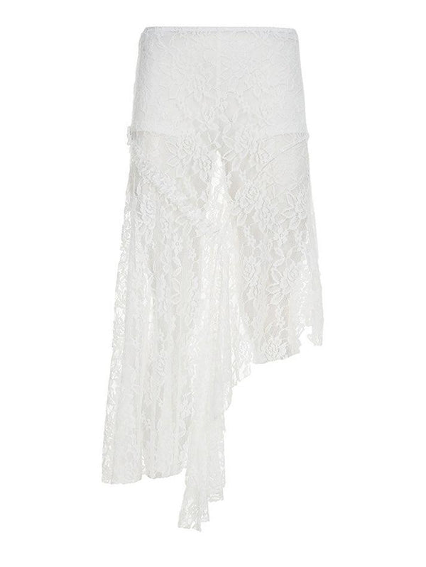 Lace Asymmetrical Ruffle Trim Low-Rise Midi Skirt