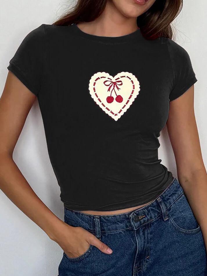 Embroidered Cherry Heart Baby Tee - AnotherChill