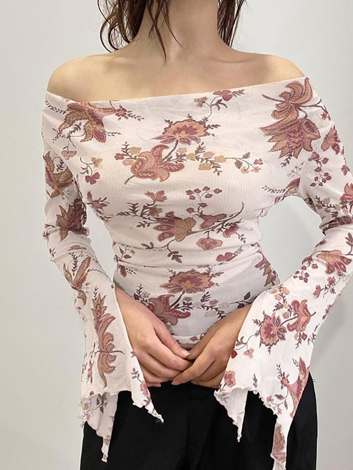 Off-Shoulder Floral Print Bell Sleeve Top