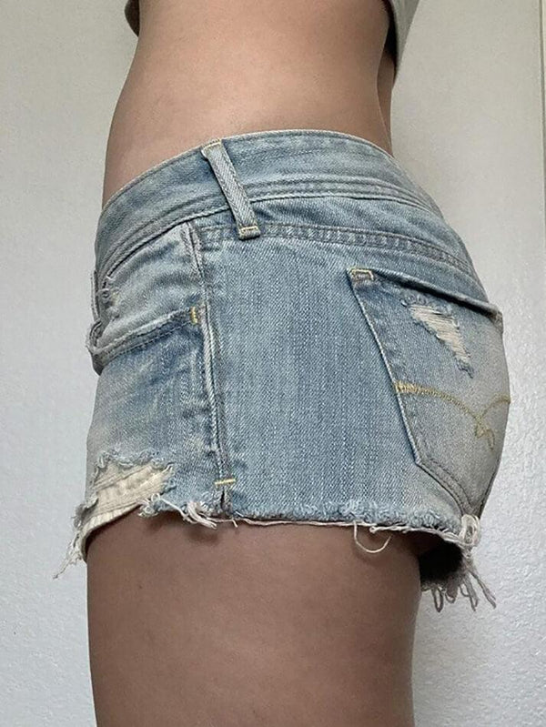Low-Rise Frayed Denim Shorts - AnotherChill
