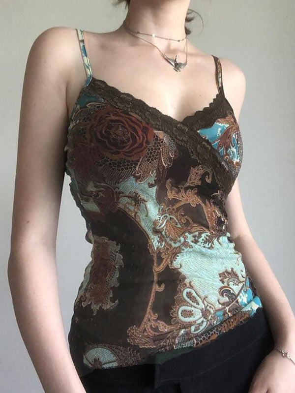 Vintage Floral Print Lace Mesh Tank Top