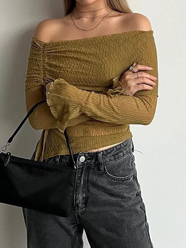 Texture Off Shoulder Asymmetrical Tie Mesh Top - AnotherChill