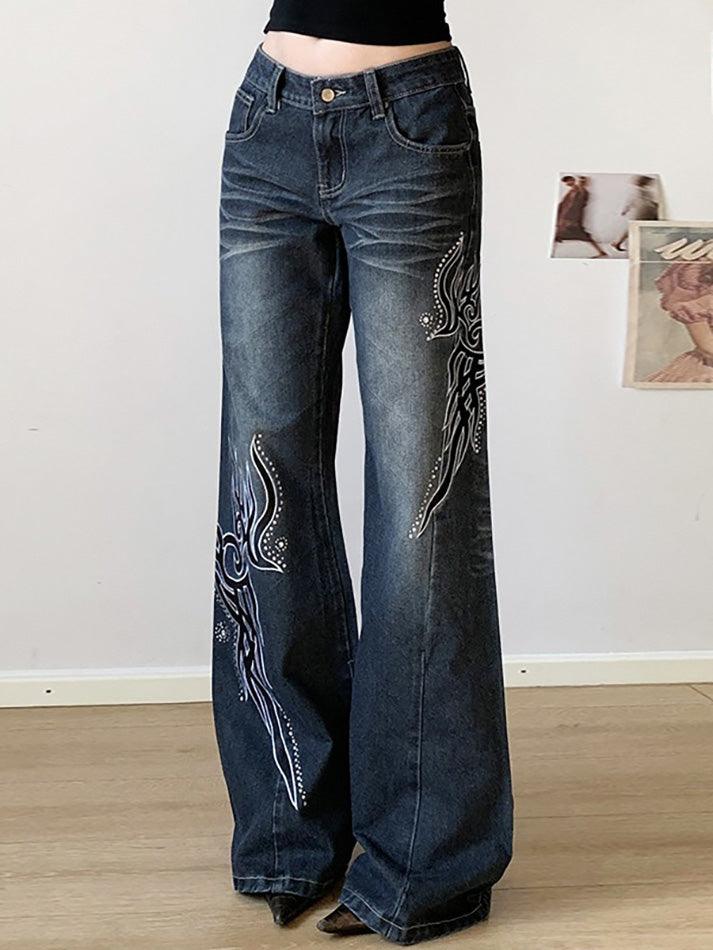 Embroidered Rhinestone Washed Low-Rise Flared Jeans