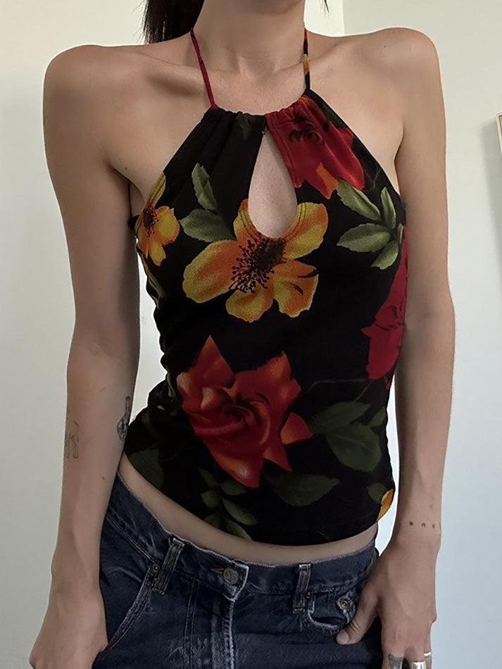 Halter-Neck Floral Print Cut-Out Slim-Fit Crop Cami Top - AnotherChill