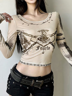 Y2K Printed Mesh Long Sleeve Crop Top