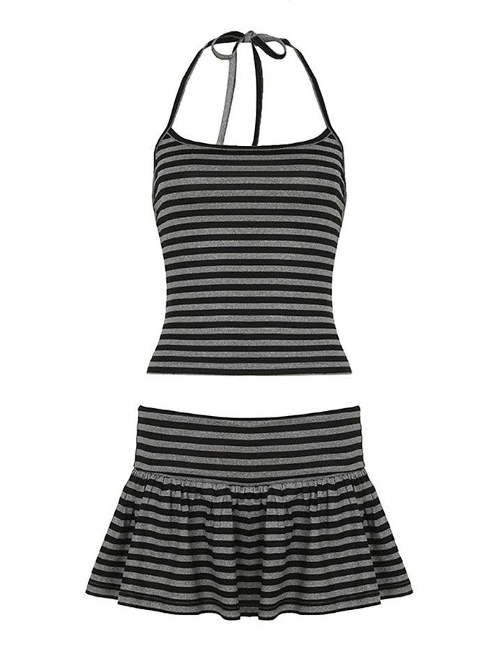 Halter Tie Contrast Backless Striped Two-Piece Set