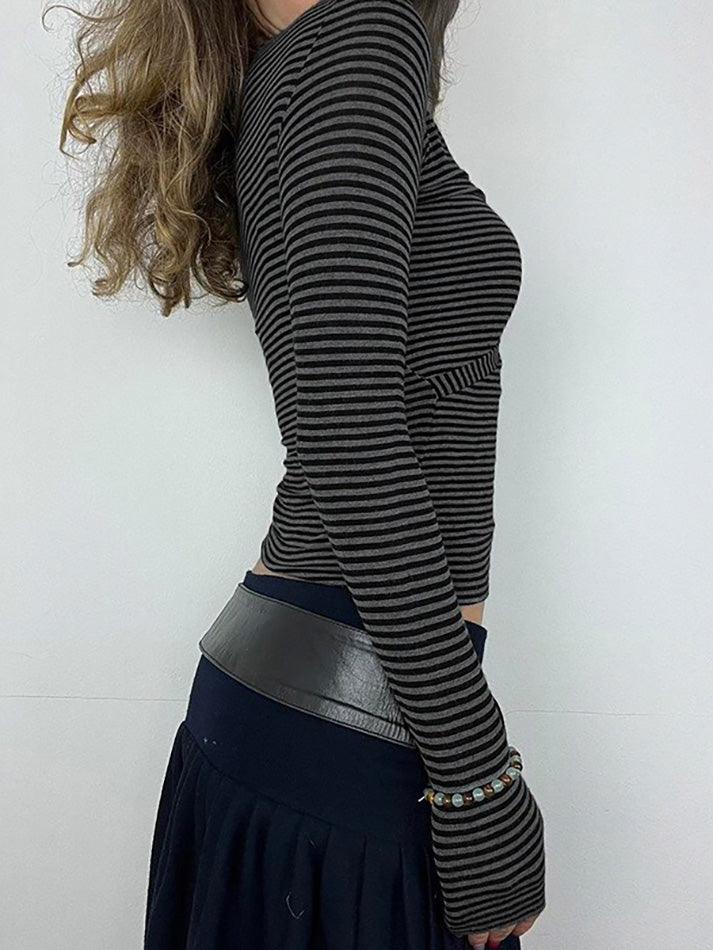 Vintage Striped Cross V-Neck Long Sleeve Tee