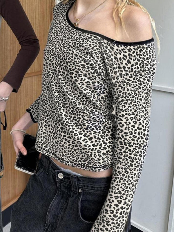 Leopard Print Round Neck Off Shoulder Long Sleeve Tee