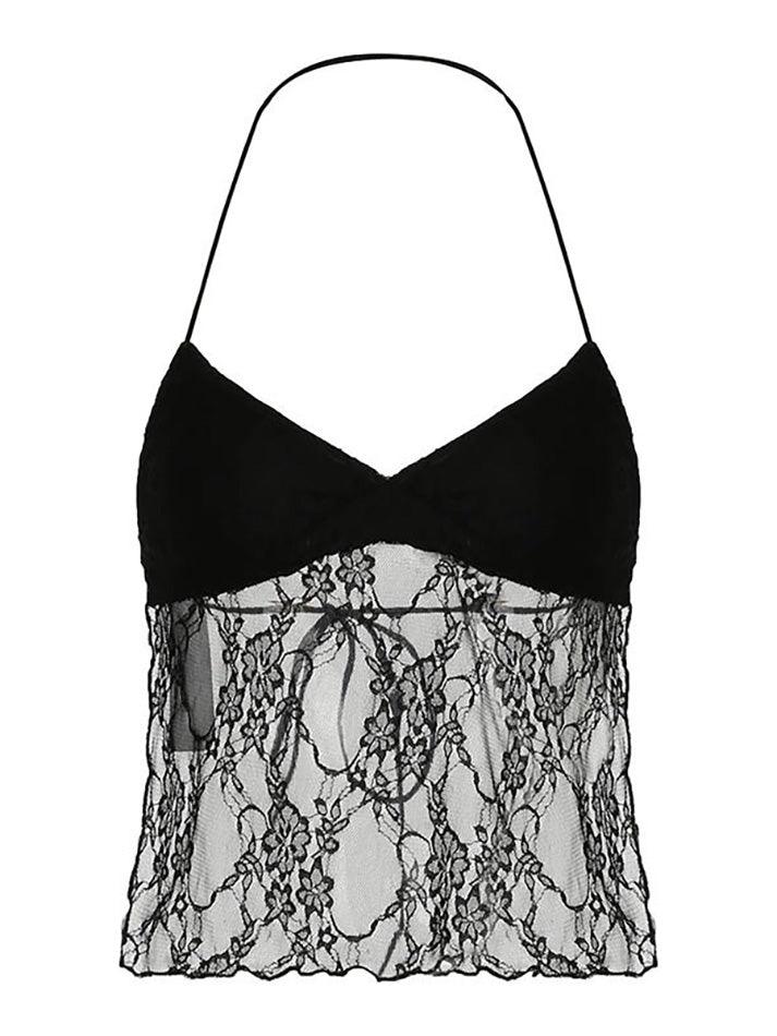 Halter-Neck Plain Lace Panel See-Through Crop Cami Top