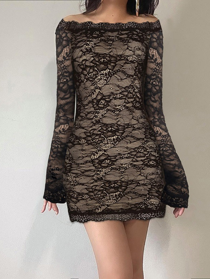 Off-Shoulder Lace Hollow-Out Mesh Mini Dress