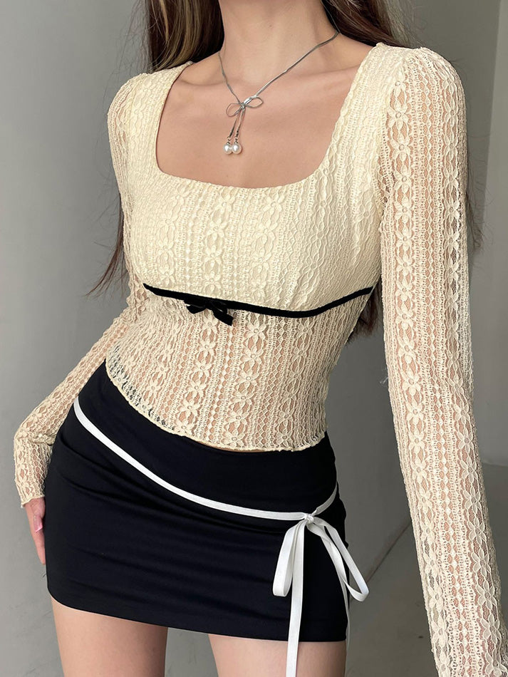 Lace Bow Patchwork Long Sleeve Tee