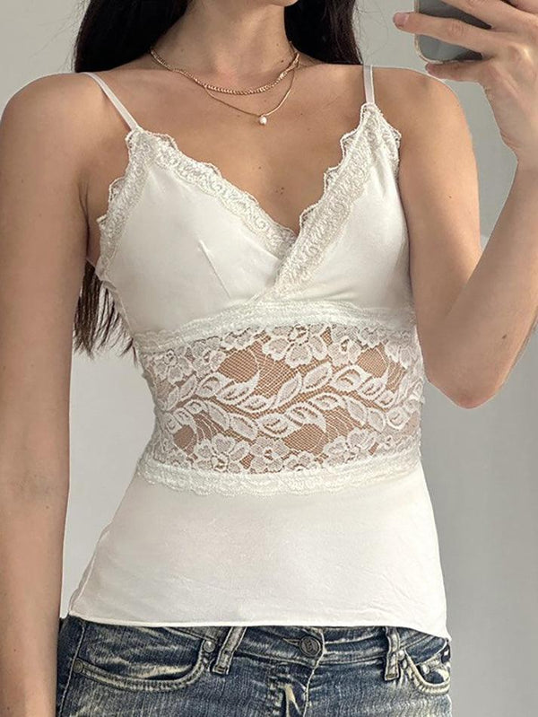 White Lace Knit V-Neck Cami Top