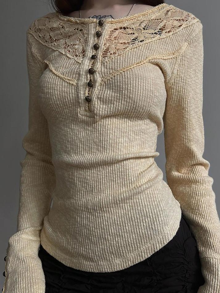 Lace Button-Up Crew Neck Long Sleeve Top