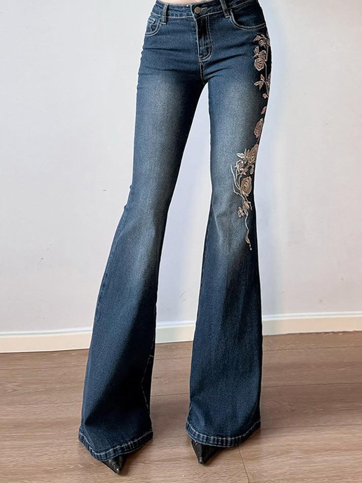 Vintage Rose Embroidery Gradient Flared Jeans