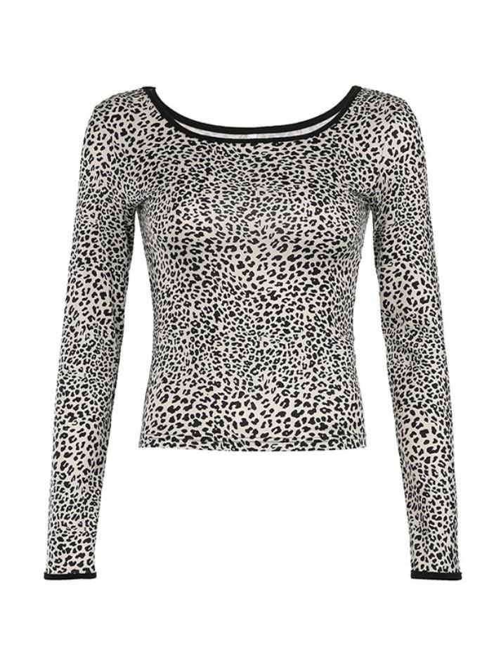 Leopard Print Round Neck Off Shoulder Long Sleeve Tee