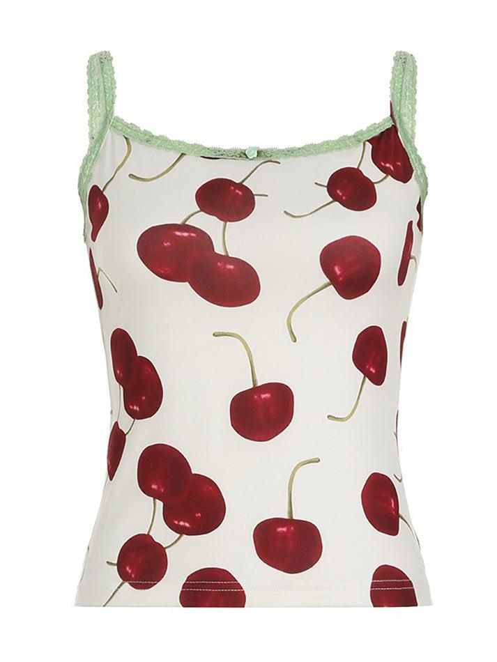 Lace Trim Cherry Print Contrast Tank Top