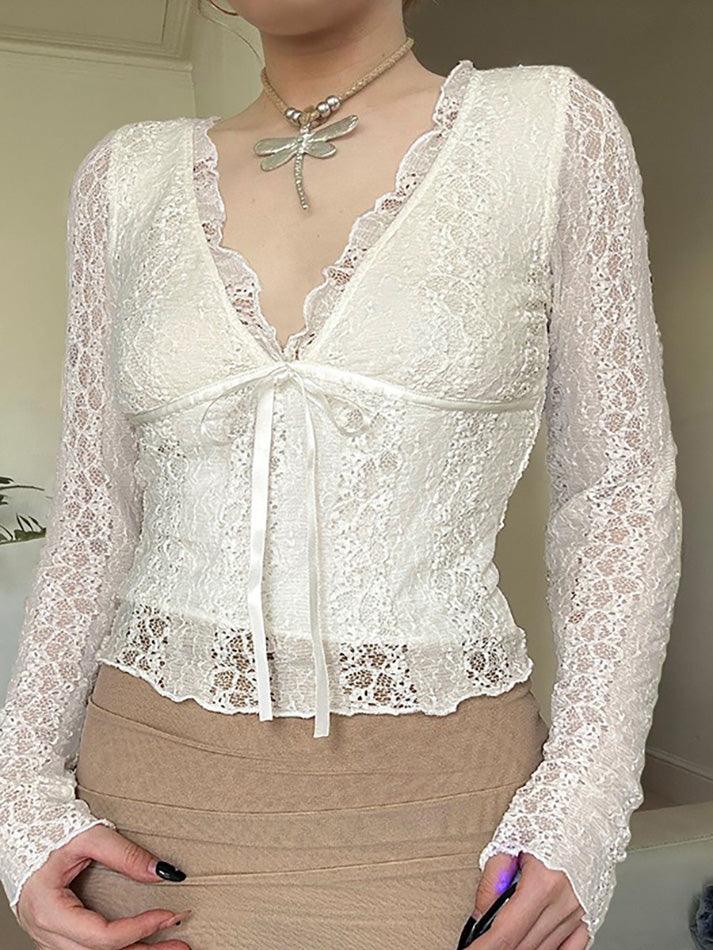 Lace Patchwork Sheer V-Neck Crop Top