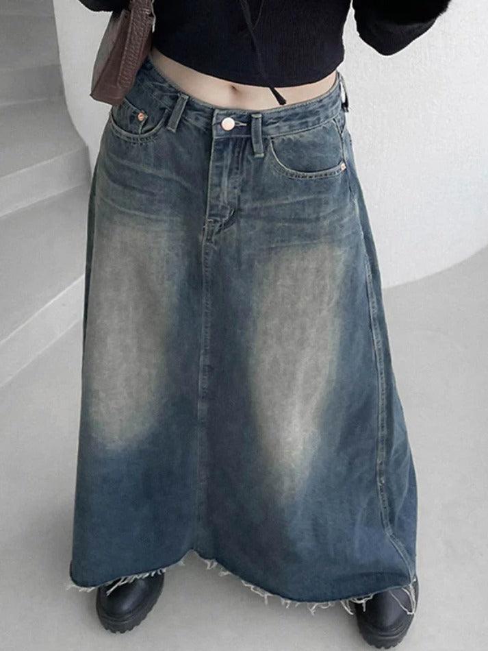 Vintage Washed Denim Maxi Skirt