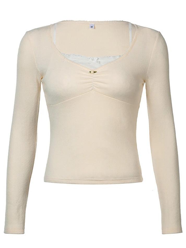 Long Sleeve V-Neck Lace Trim Tee