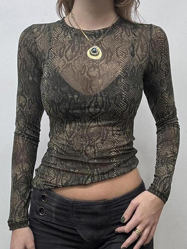 Sheer Snake Print Mesh Long Sleeve Top