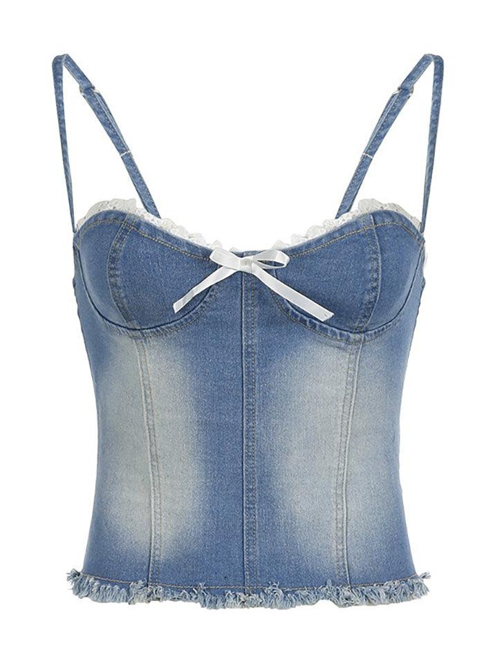 Washed Bow Lace Lace Waist Cinching Denim Vest