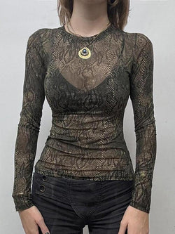 Sheer Snake Print Mesh Long Sleeve Top