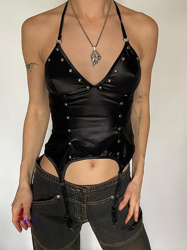 Studded PU Leather Halter Tank Top