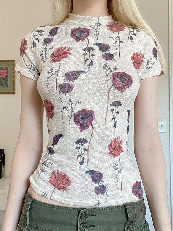 Vintage Rose Print Slim Fit Top - AnotherChill