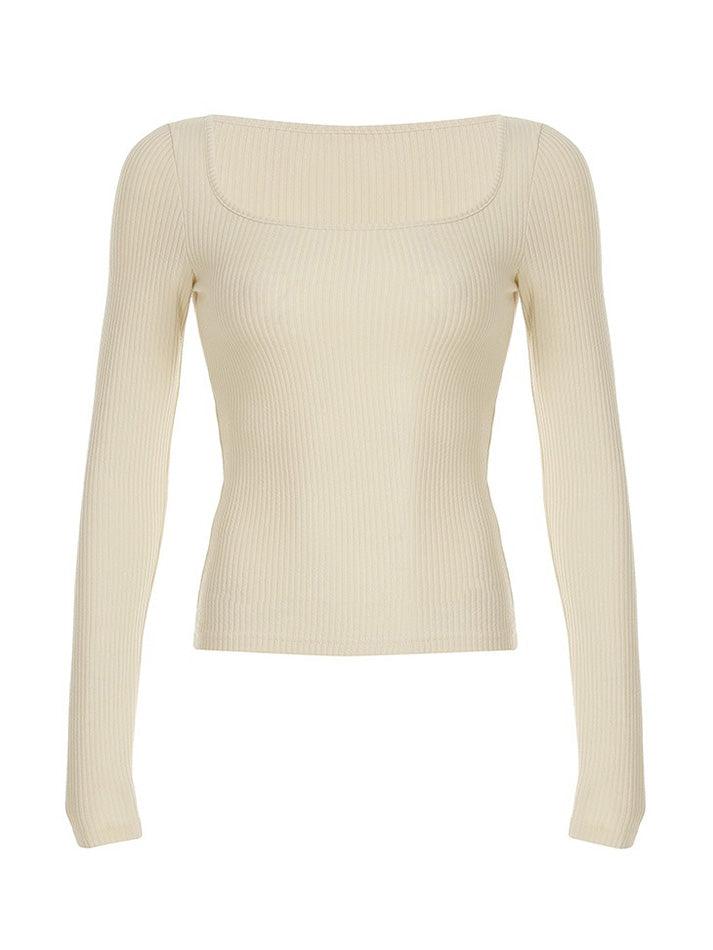 Solid Color Square Neck Ribbed Long Sleeve Top