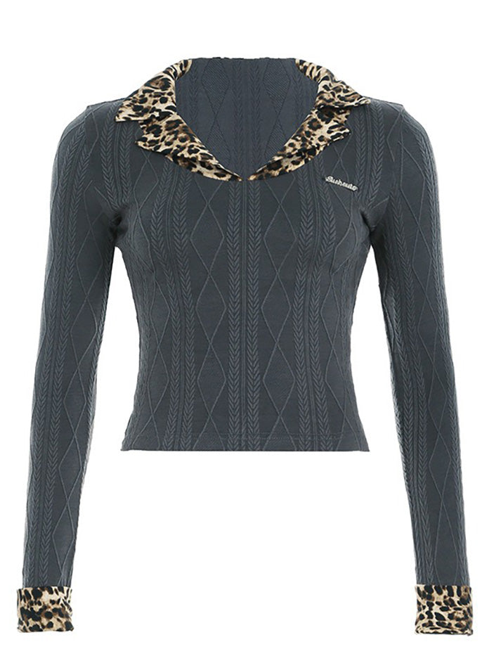 Leopard Print Collar Contrast Long Sleeve Top