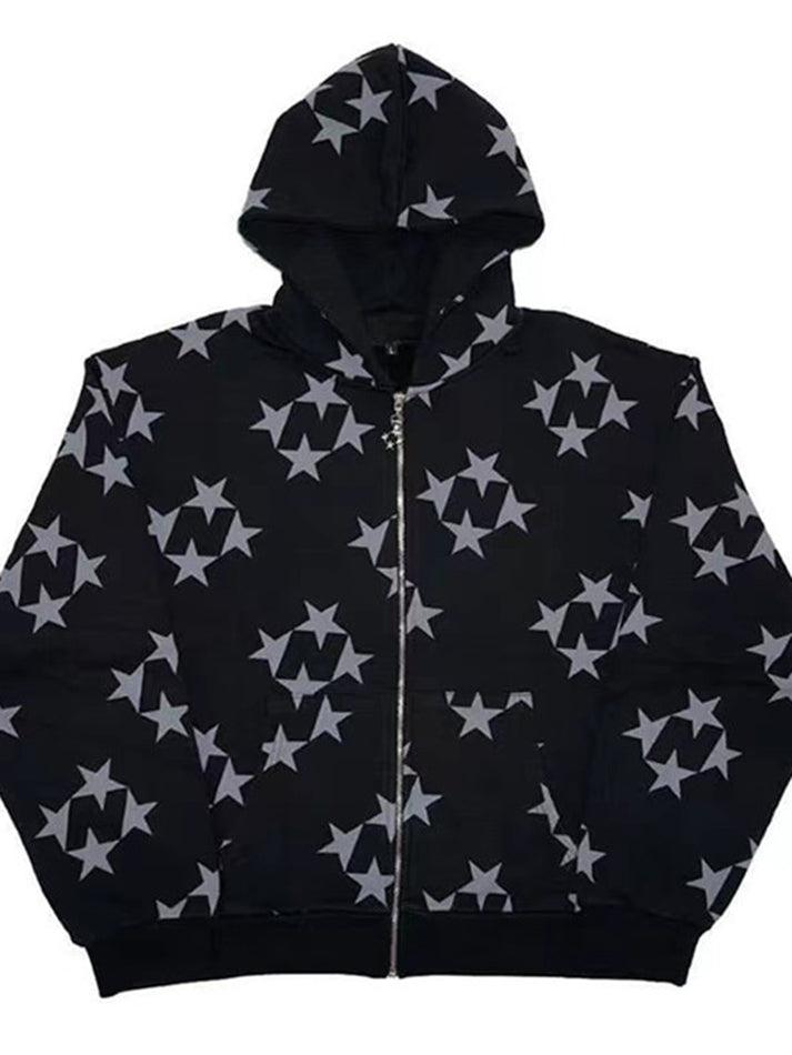 Oversized Star Print Zip Up Hoodie - AnotherChill