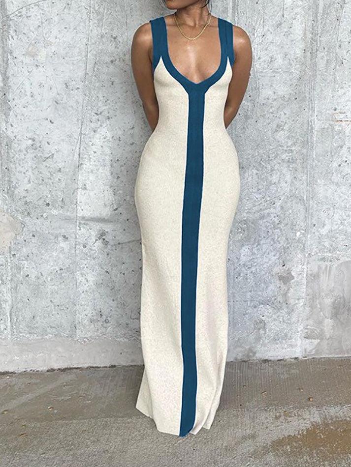 Colorblock V-neck Knit Split Maxi Dress - AnotherChill