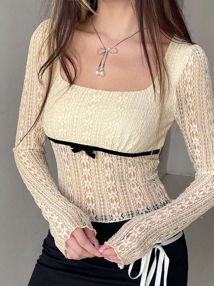 Lace Bow Patchwork Long Sleeve Tee