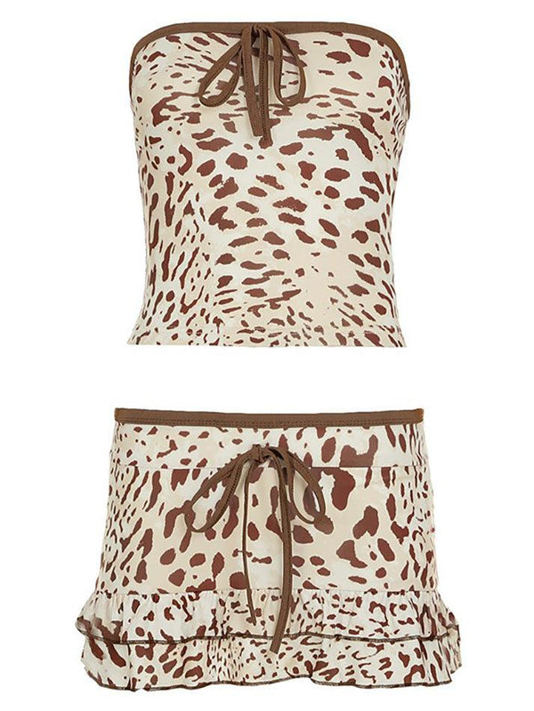 Leopard Print Tie Bandeau Mini Skirt Set