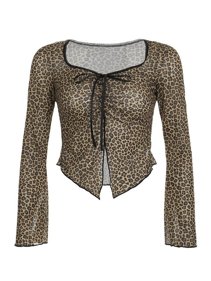 Lace Leopard Print Tie Mesh Long Sleeve Top