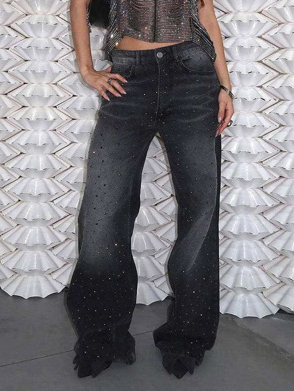 Vintage Rhinestone Low-Rise Loose Jeans