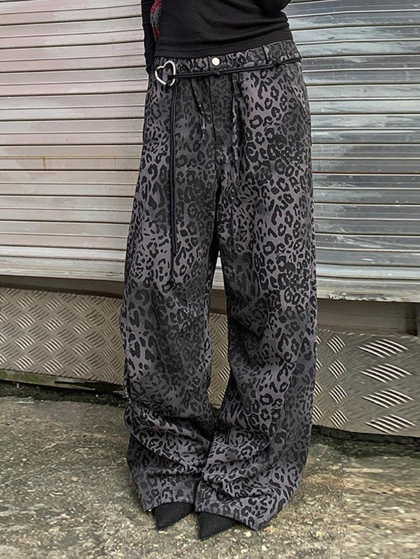 Vintage Leopard Print Wide-Leg Straight Pants